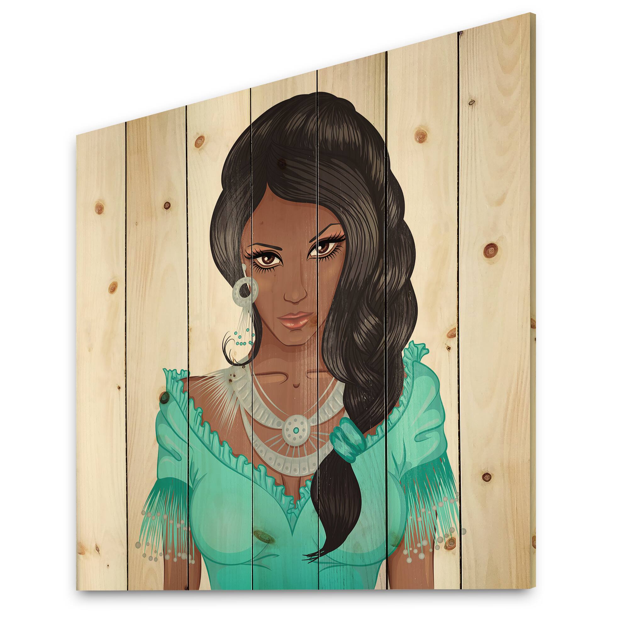 Designart - Portrait Of African American Woman XVI - Modern Print on Natural Pine Wood